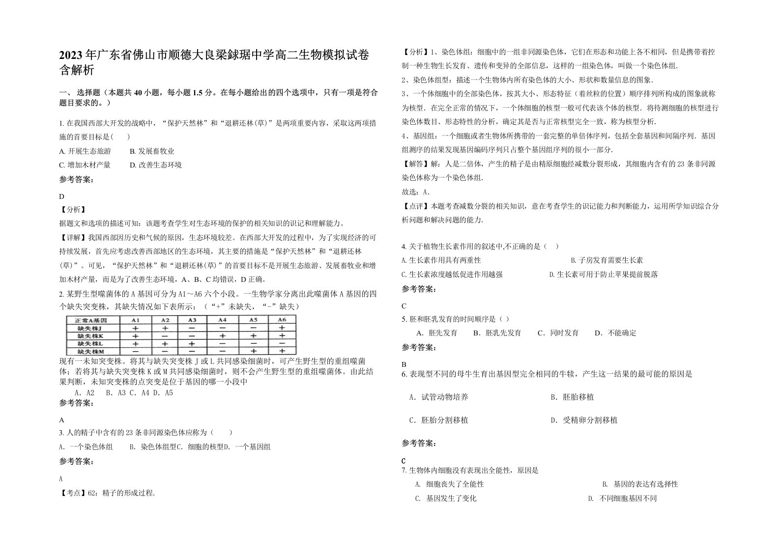 2023年广东省佛山市顺德大良梁銶琚中学高二生物模拟试卷含解析