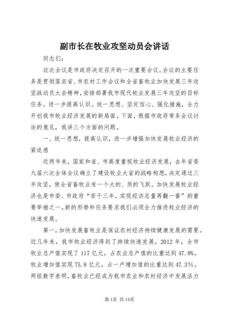 副市长在牧业攻坚动员会致辞