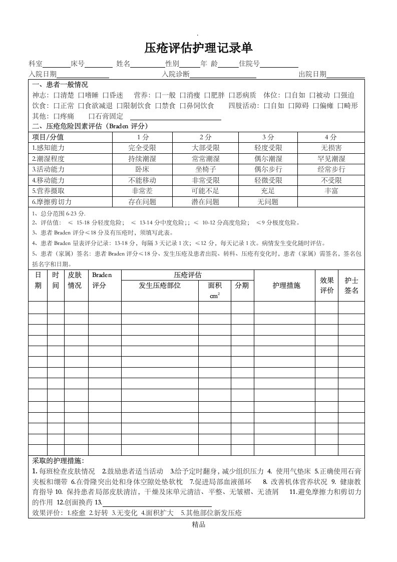 压疮评估护理记录单