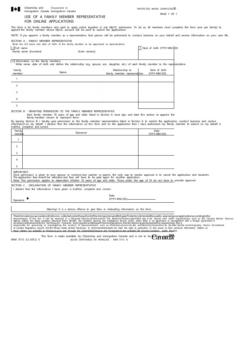 加拿大签证申请表IMM5713E