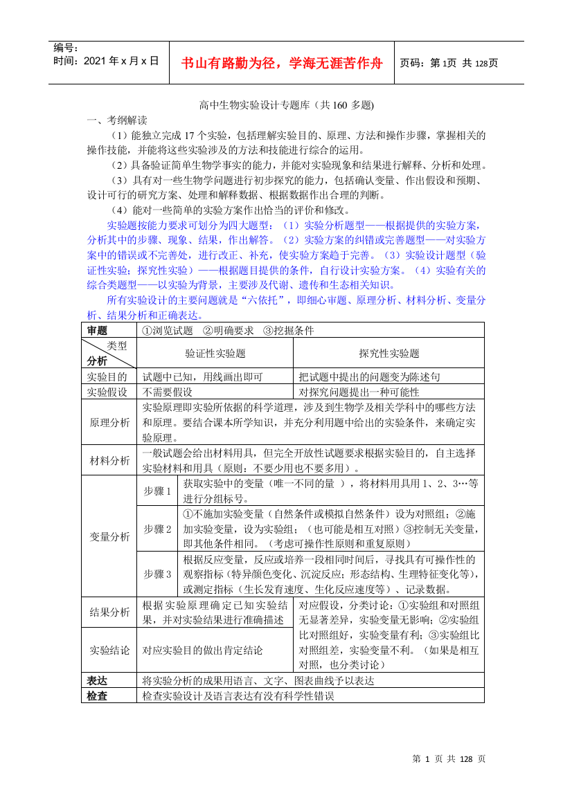 高中生物实验设计专题库(共160多题)