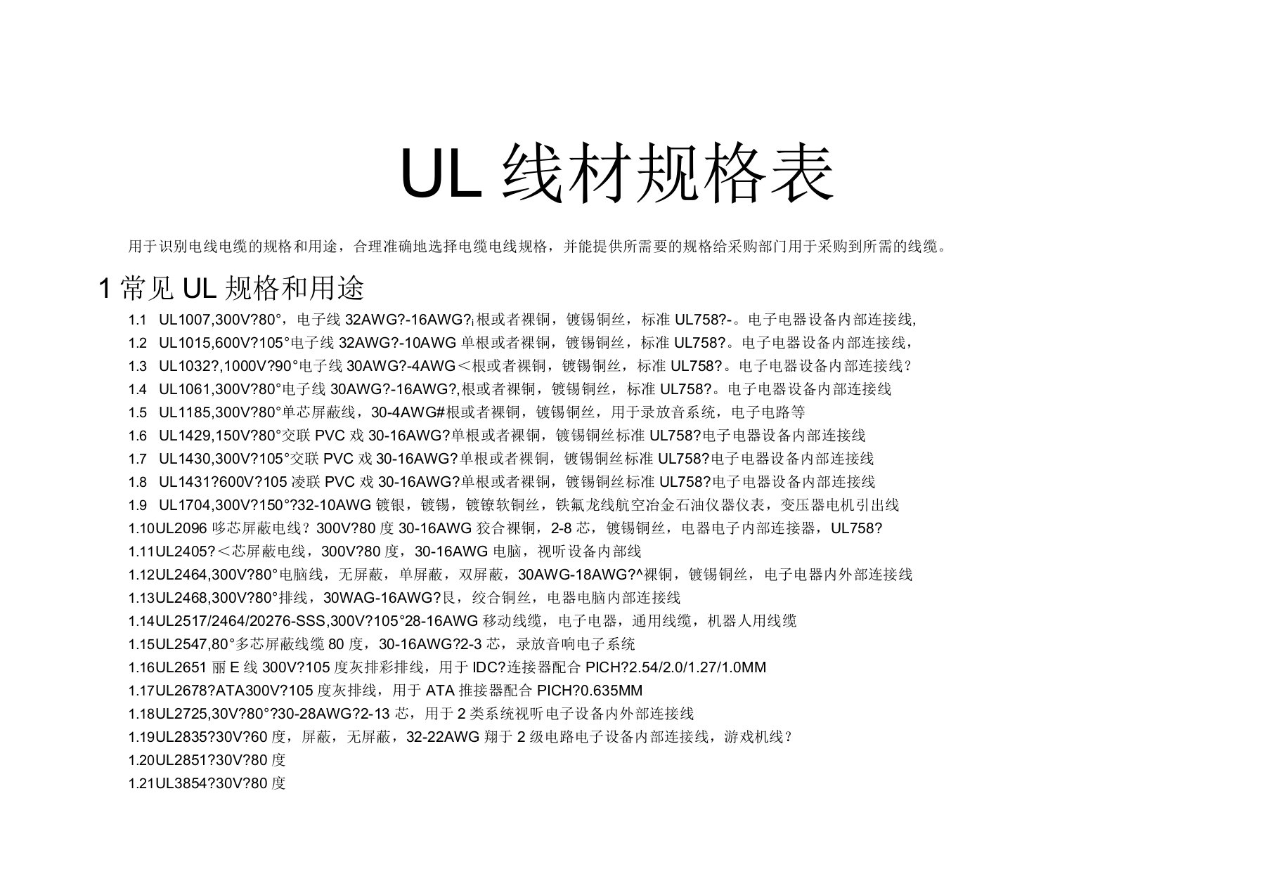 UL线材规格表