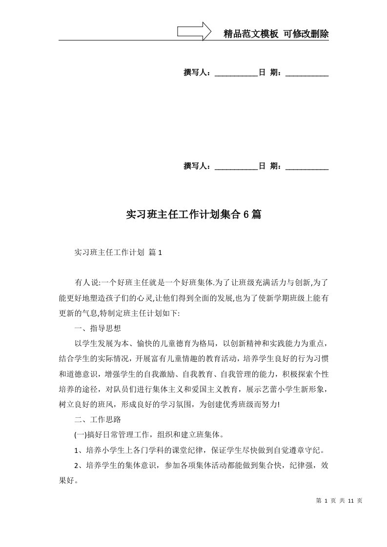 2022年实习班主任工作计划集合6篇