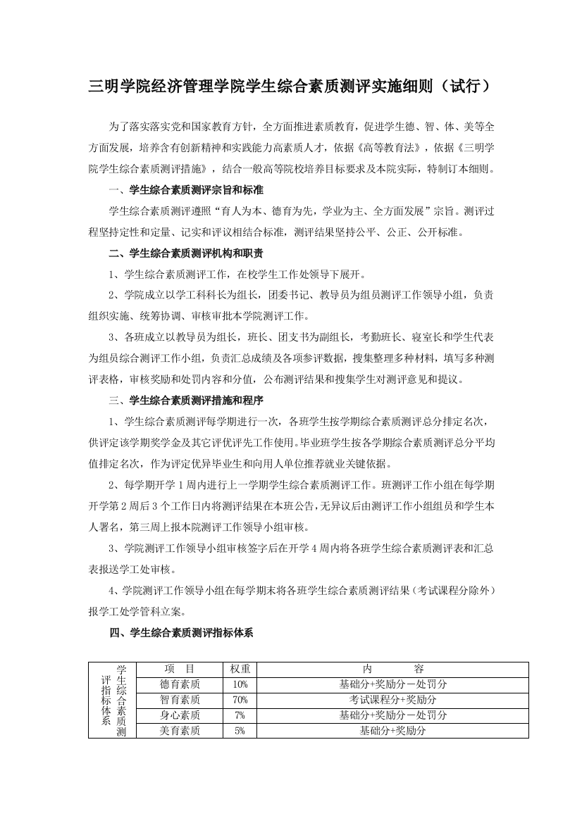 三明学院经济管理学院学生综合素质测评实施工作细则