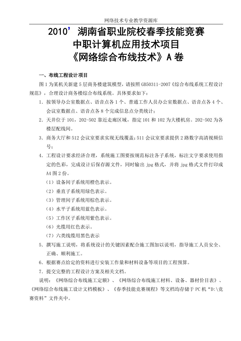 综合布线竞赛试卷湖南省职业院校春季技能竞赛网络综合布线竞赛试卷(A卷)