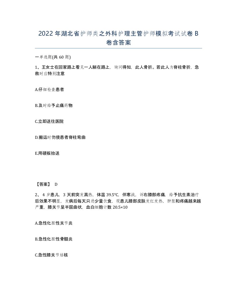 2022年湖北省护师类之外科护理主管护师模拟考试试卷B卷含答案