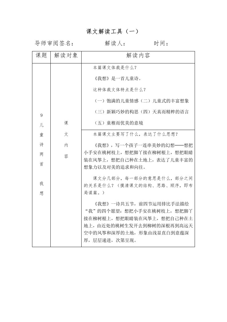 五年级下册9儿童诗两首我想课文解读工具