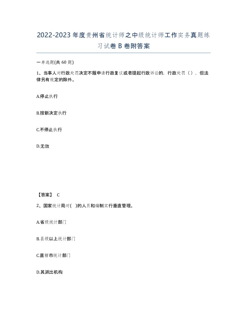 2022-2023年度贵州省统计师之中级统计师工作实务真题练习试卷B卷附答案