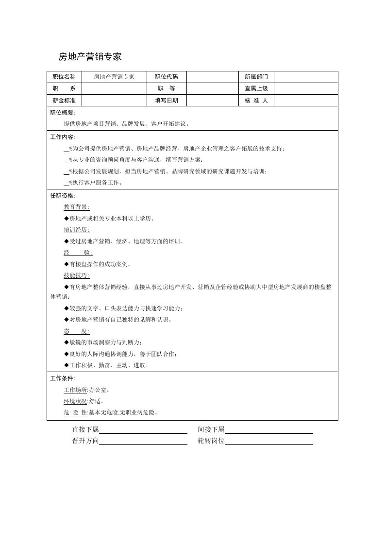 某房产策划代理公司房地产营销专家岗位说明书