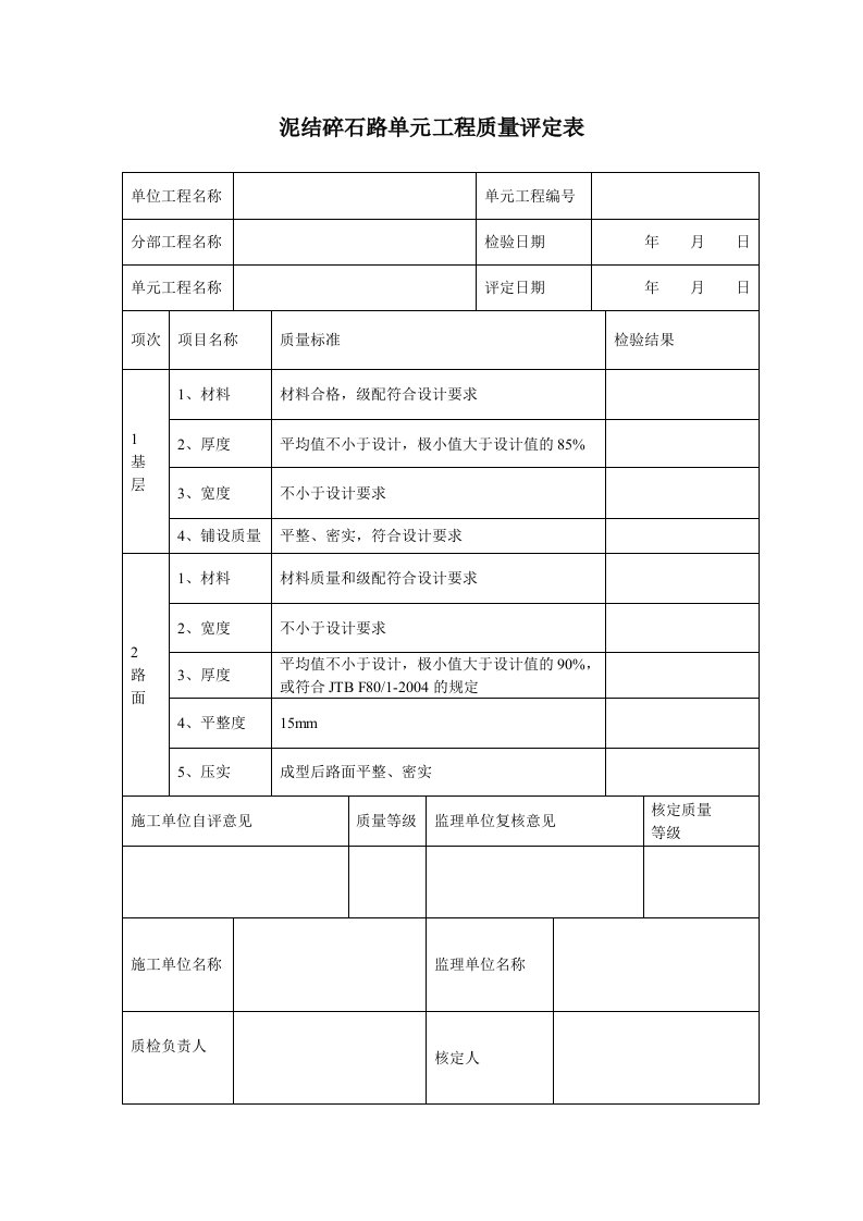 砂石路单元工程质量评定表