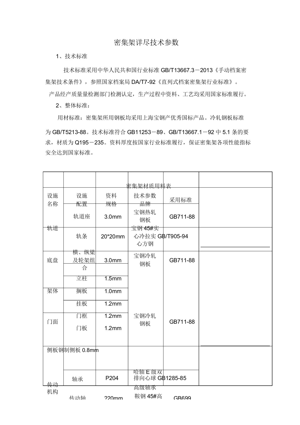 密集架详细技术参数(DOC)