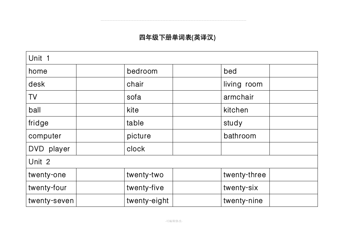 小学四年级下册英语单词表英译汉