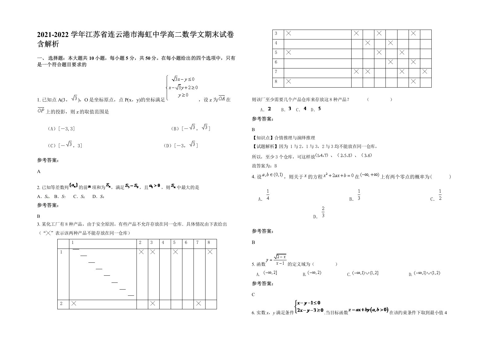 2021-2022学年江苏省连云港市海虹中学高二数学文期末试卷含解析