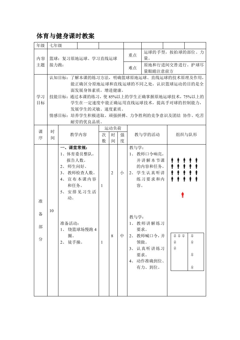 篮球复习原地运球、学习直线运球教案