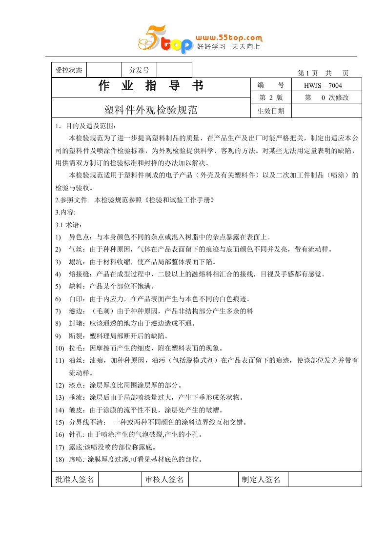 某电子厂进货检验全套作业指导书-资料包(42个文件)注塑件外观检验规范-作业指导