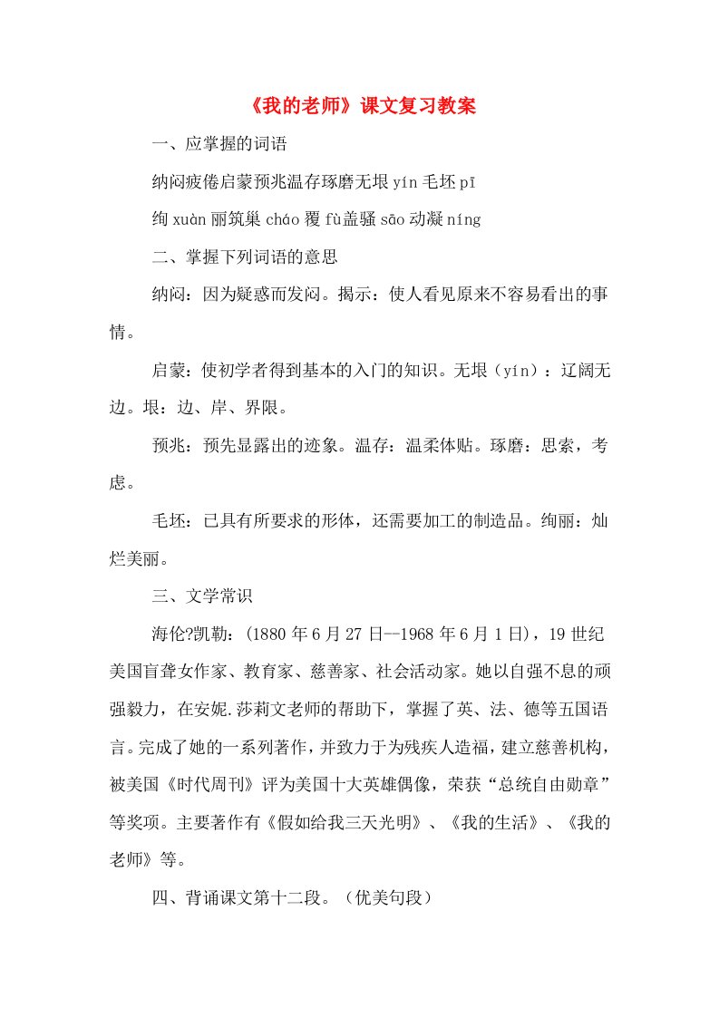 《我的老师》课文复习教案