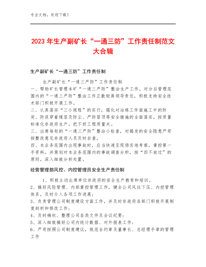 2023年生产副矿长“一通三防”工作责任制范文大合辑