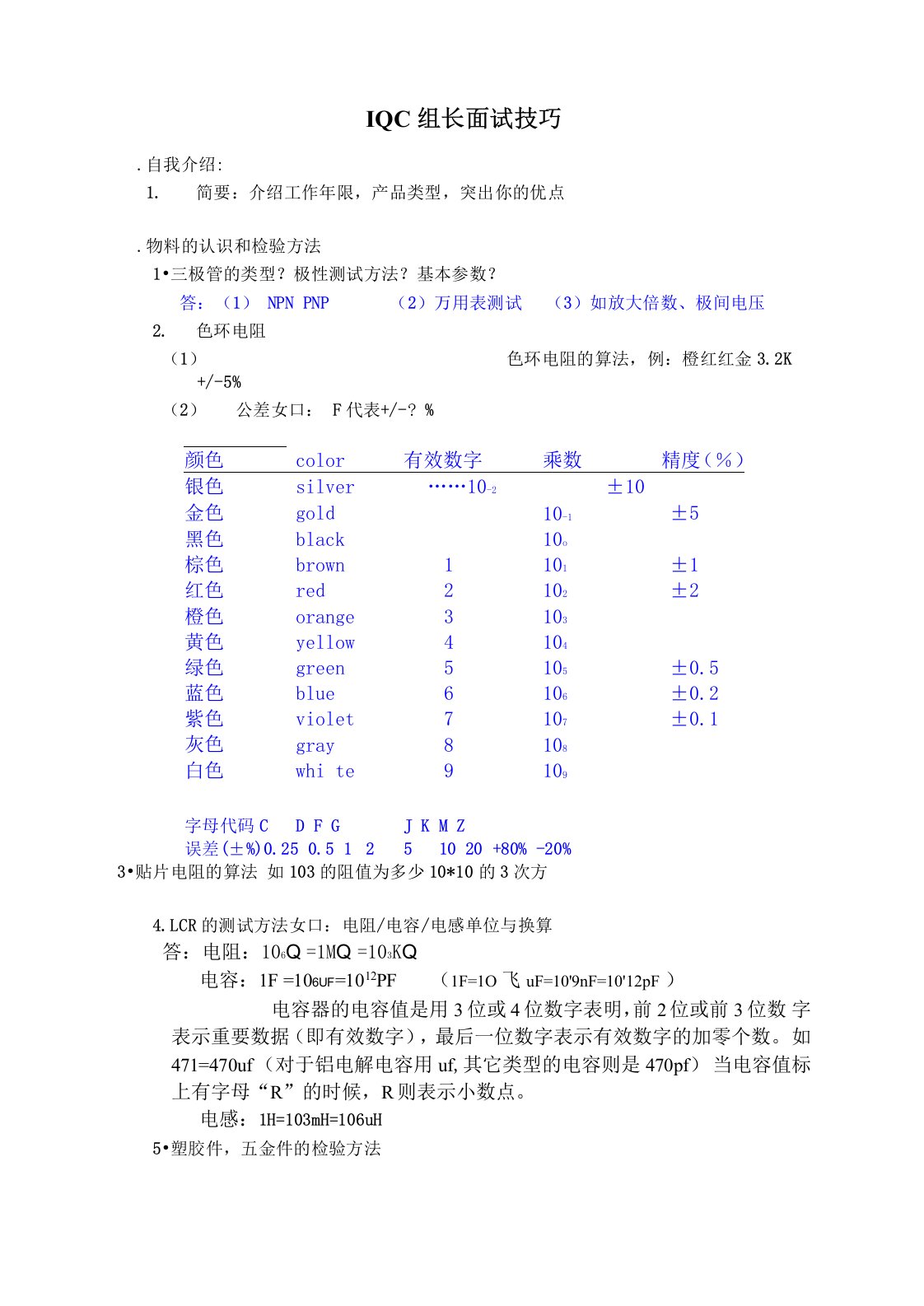 IQC组长面试技巧