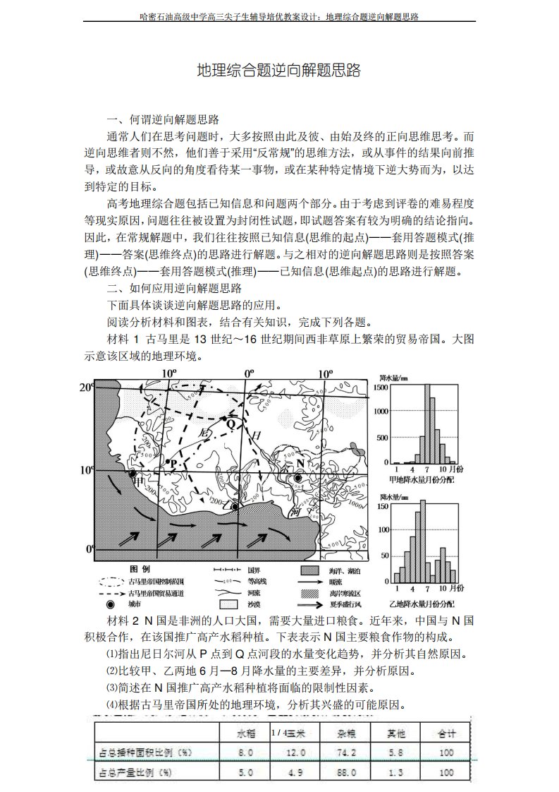 哈密石油高级中学高三尖子生辅导培优教案设计地理综合题逆向解题思路