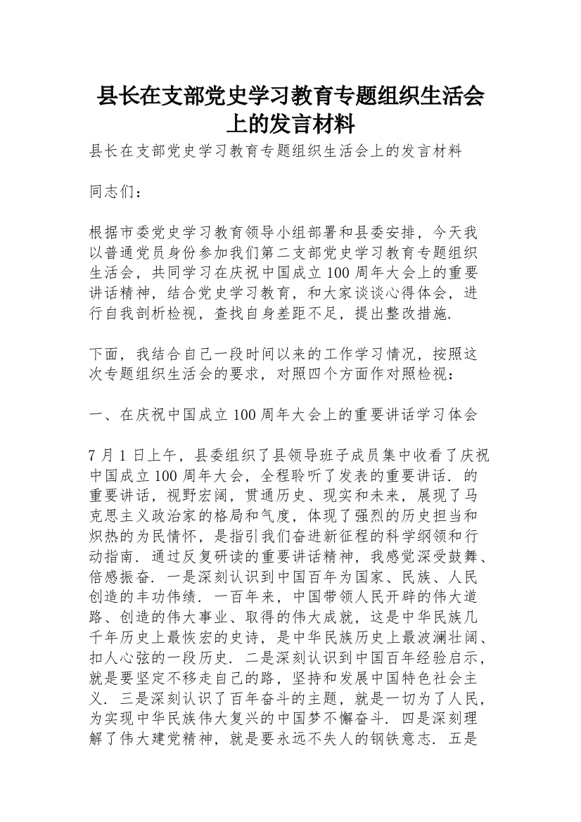 县长在支部党史学习教育专题组织生活会上的发言材料