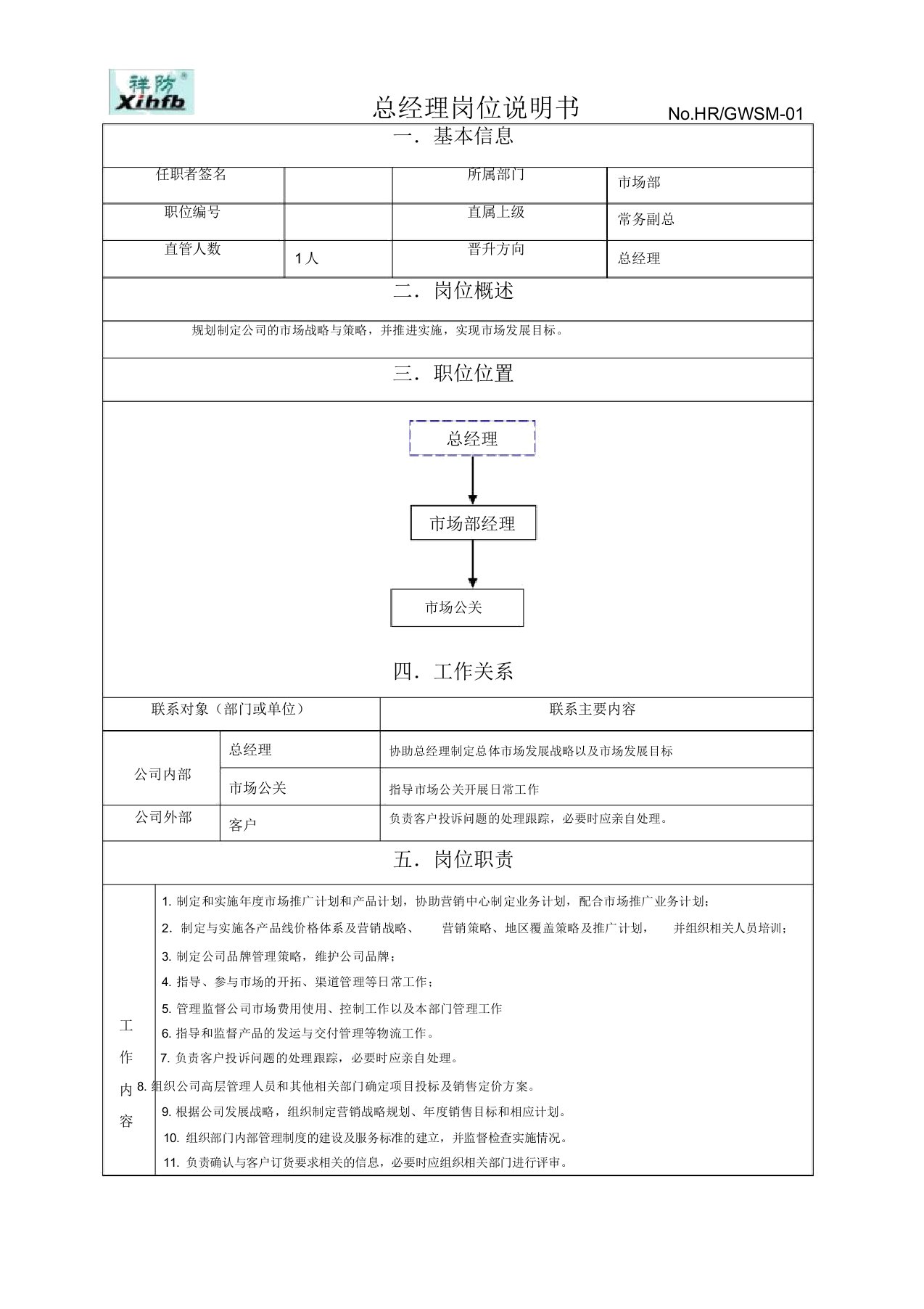 岗位说明书-市场部经理