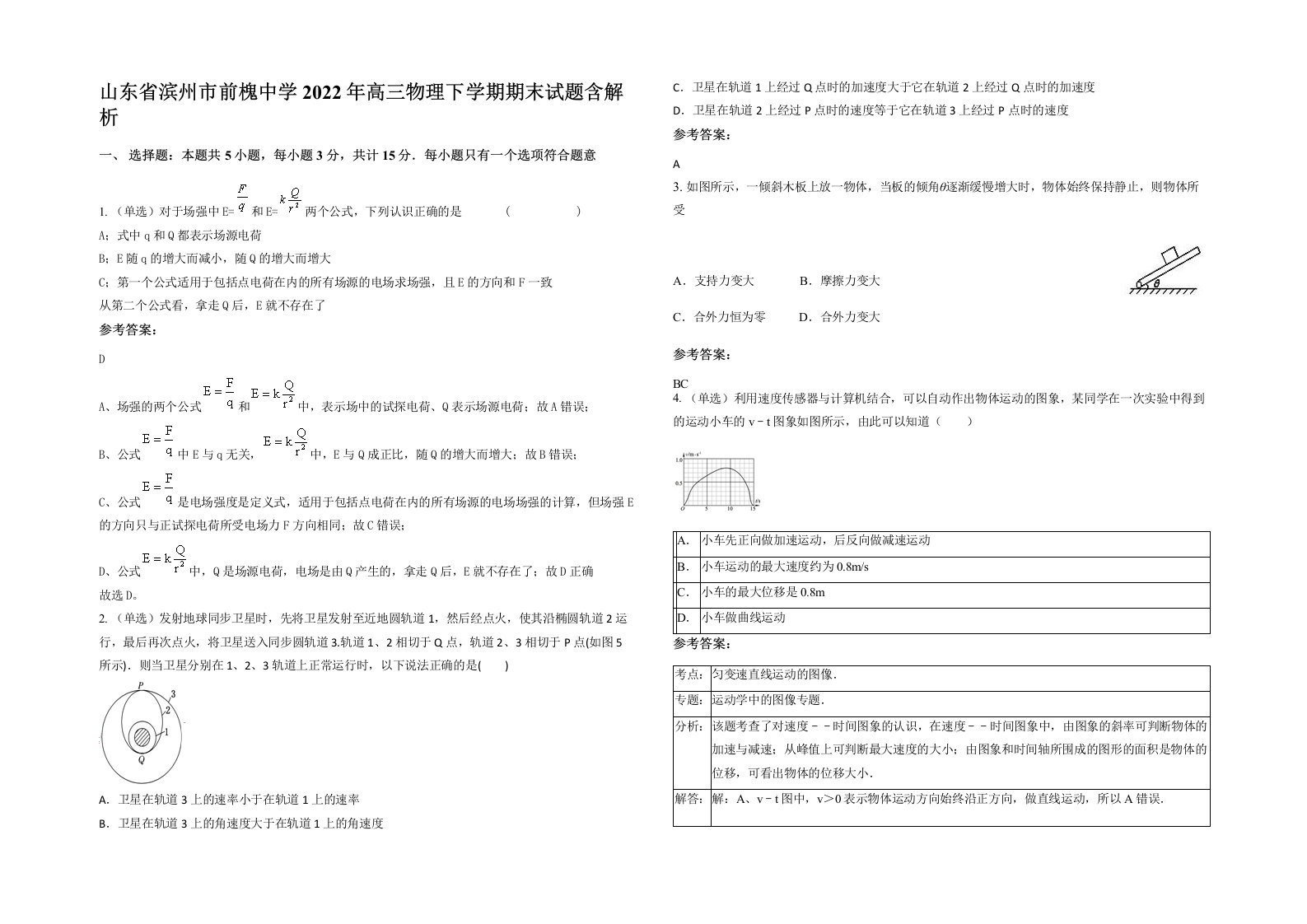 山东省滨州市前槐中学2022年高三物理下学期期末试题含解析