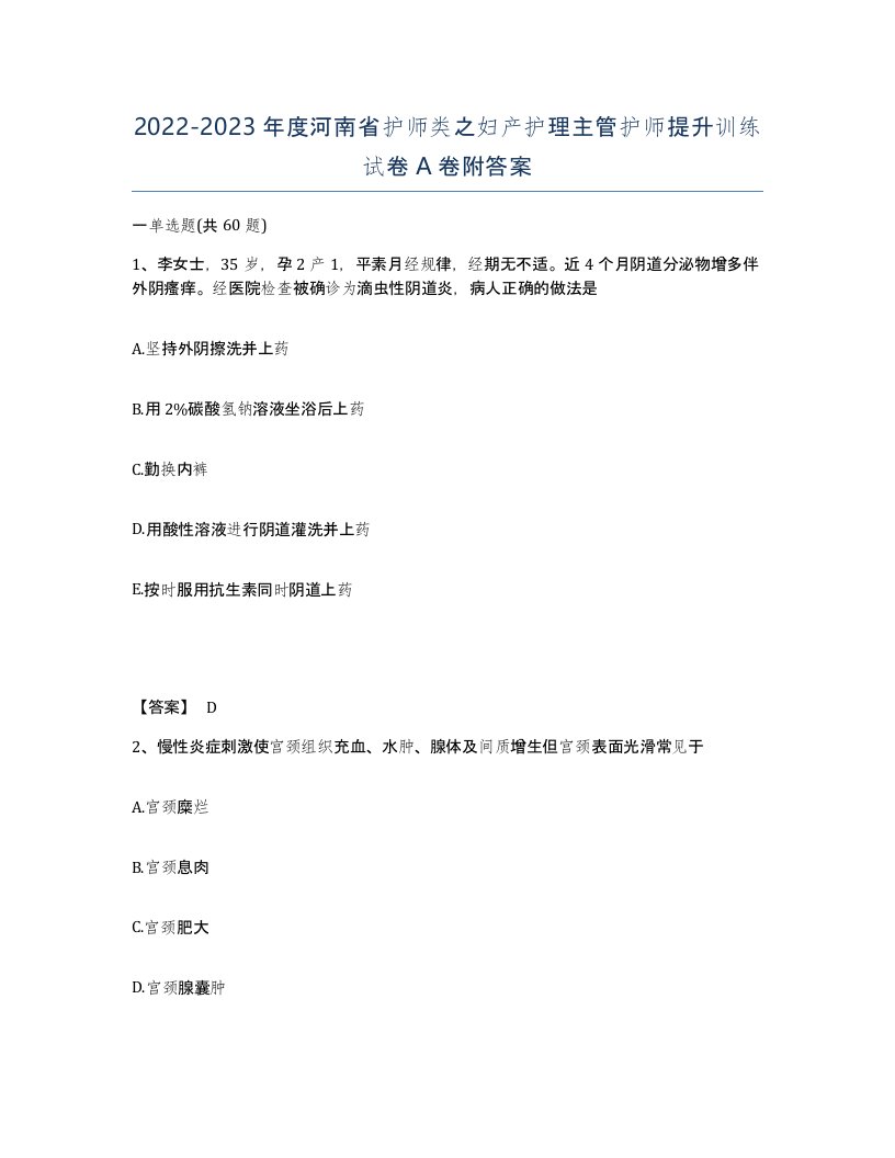 2022-2023年度河南省护师类之妇产护理主管护师提升训练试卷A卷附答案