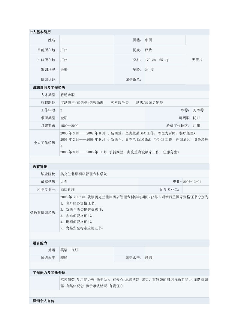 酒店管理专业简历模板六