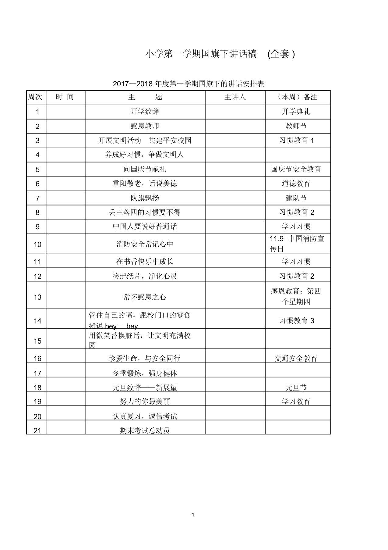 小学第一学期国旗下讲话文稿全套