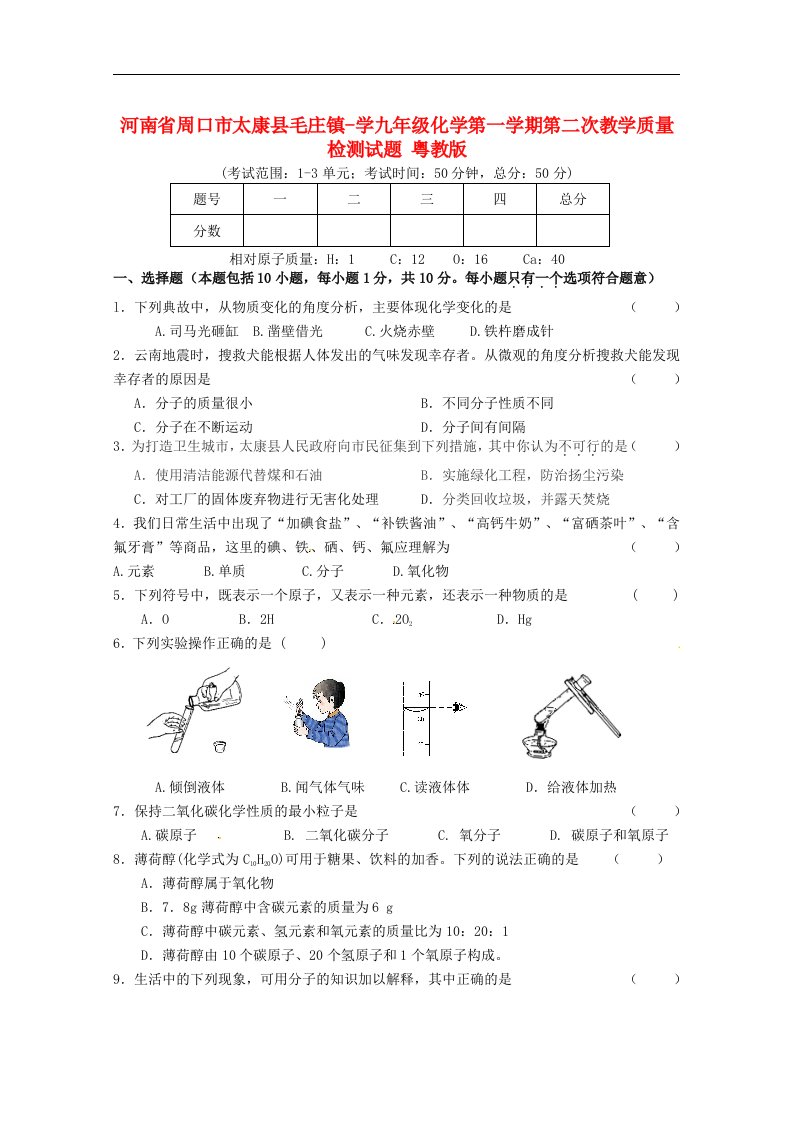 河南省周口市太康县毛庄镇学九级化学第一学期第二次教学质量检测试题