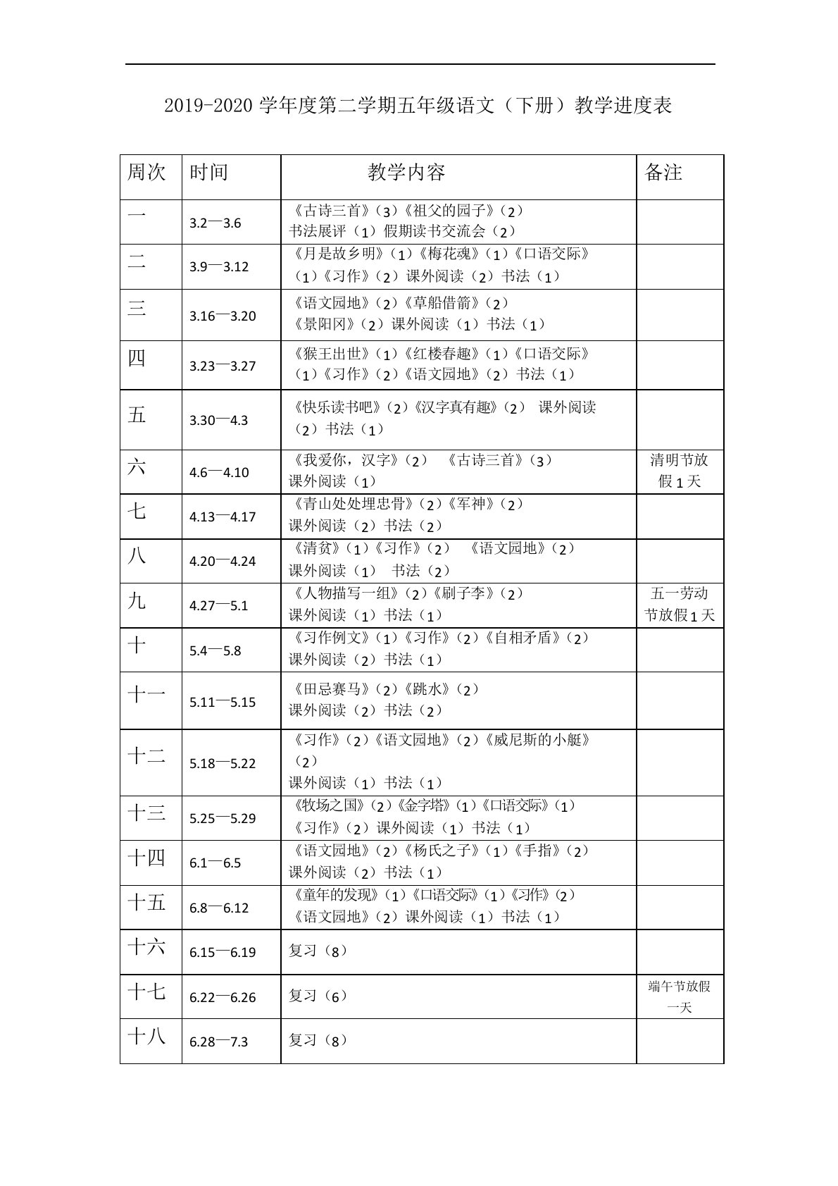 部编版语文五年级下册教学进度表