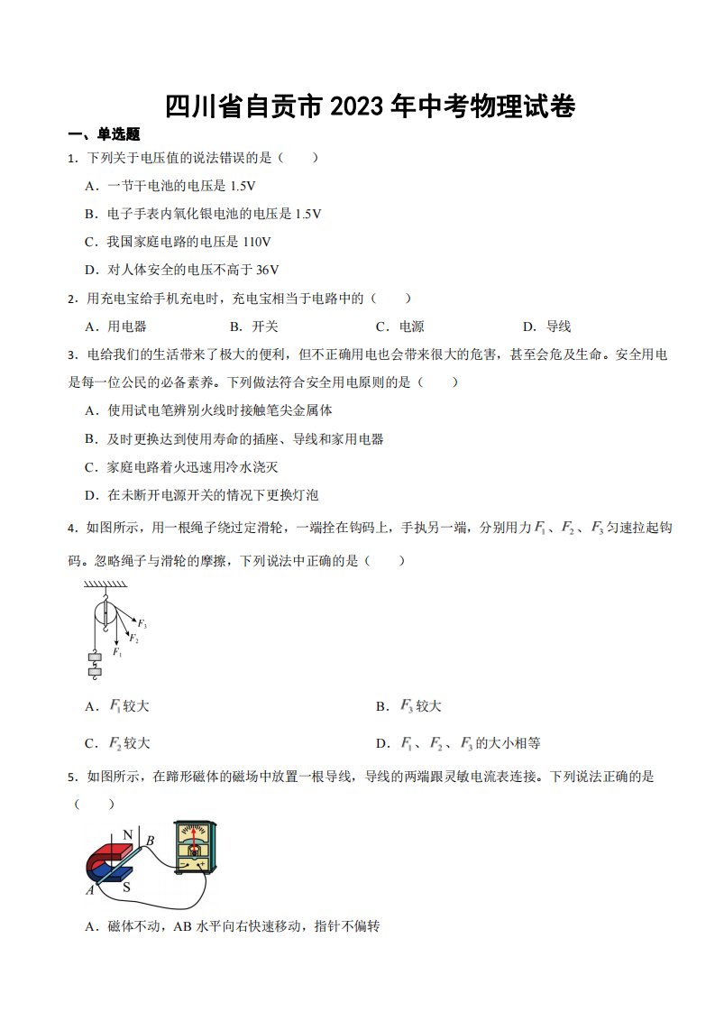 四川省自贡市2023年中考物理试卷((附参考答案))