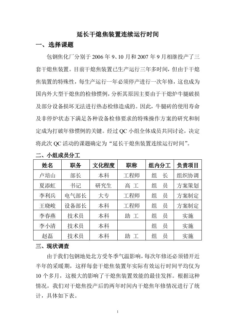 焦化厂QC成果-延长干熄焦装置连续运行时间