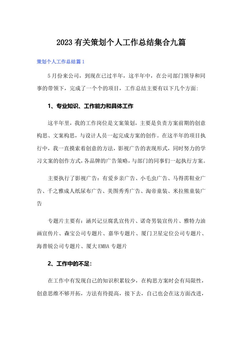 2023有关策划个人工作总结集合九篇