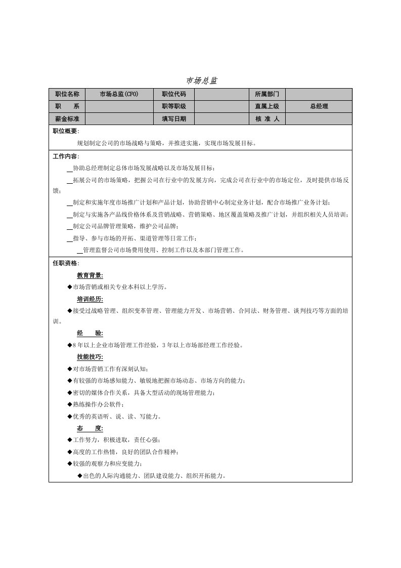 岗位职责-市场总监岗位说明书