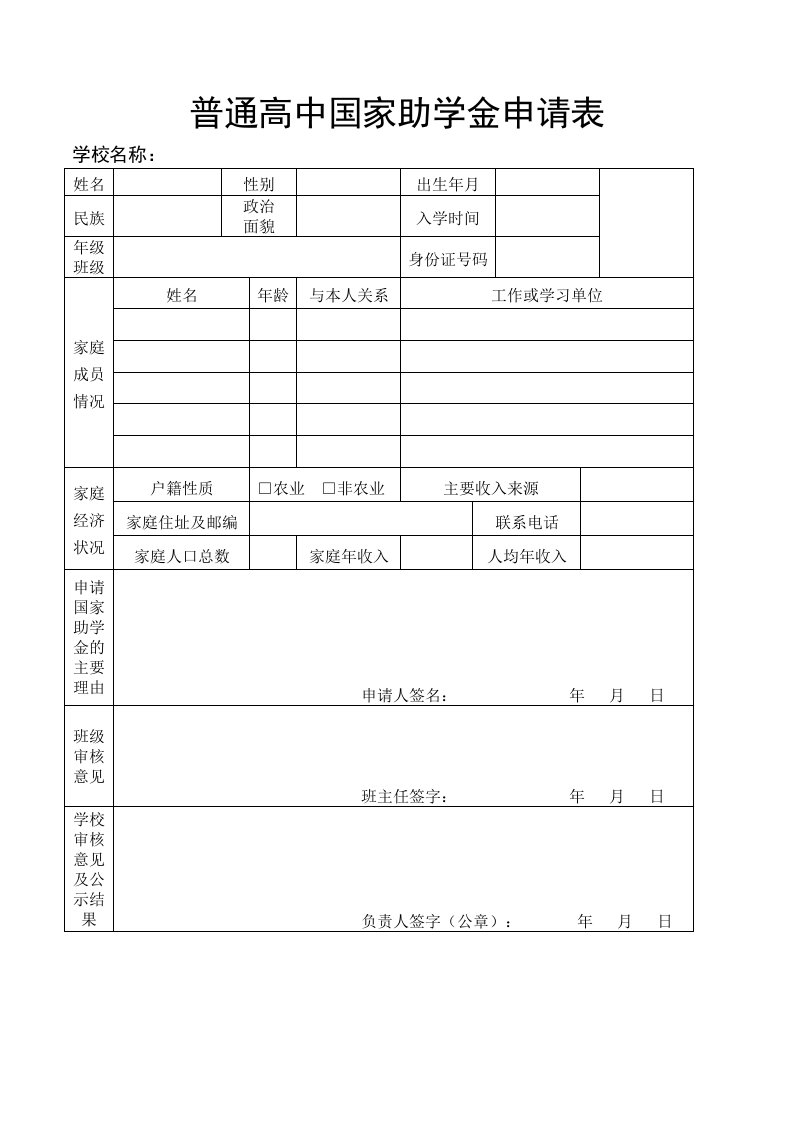 普通高中国家助学金申请表