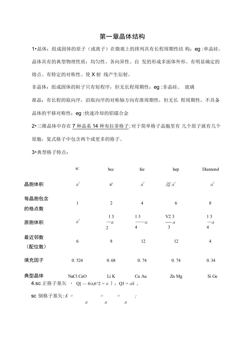 固体物理学复习总结