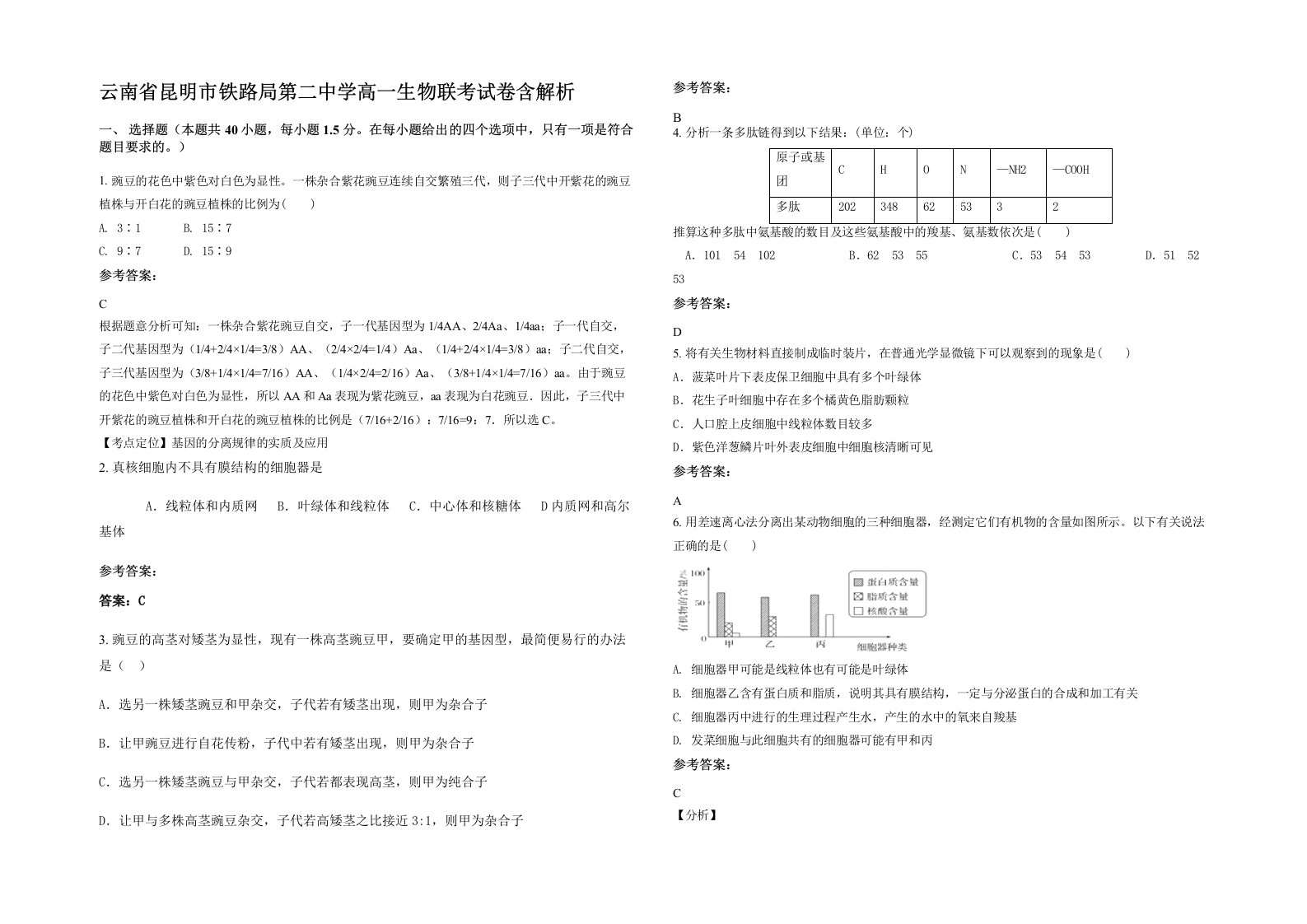 云南省昆明市铁路局第二中学高一生物联考试卷含解析