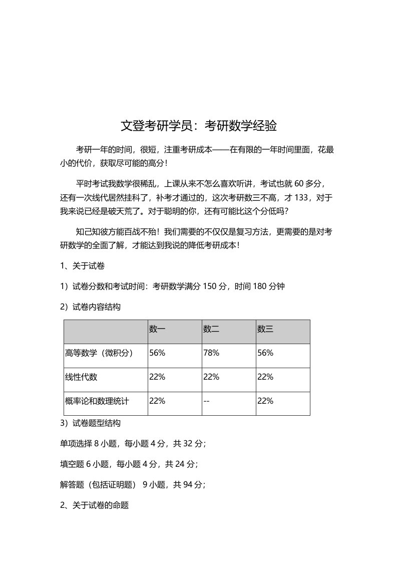 文登考研学员：考研数学经验