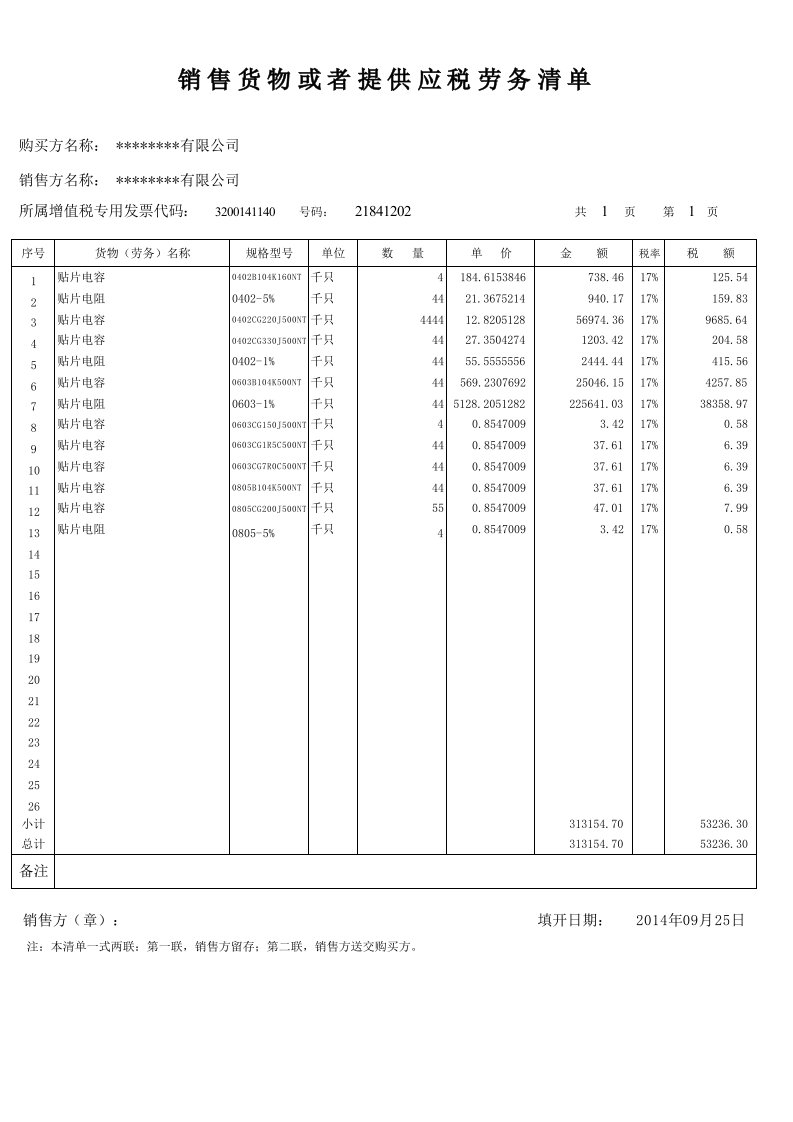 销售货物或者提供应税劳务清单(模板)