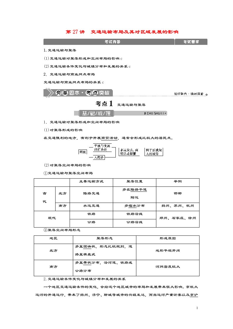 （浙江选考）2021版新高考地理一轮复习第七章区域产业活动第27讲交通运输布局及其对区域发展的影响教学案新人教版