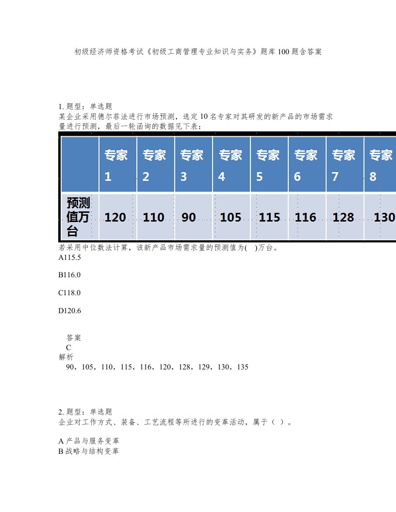 初级经济师资格考试初级工商管理专业知识与实务题库100题含答案测考264版