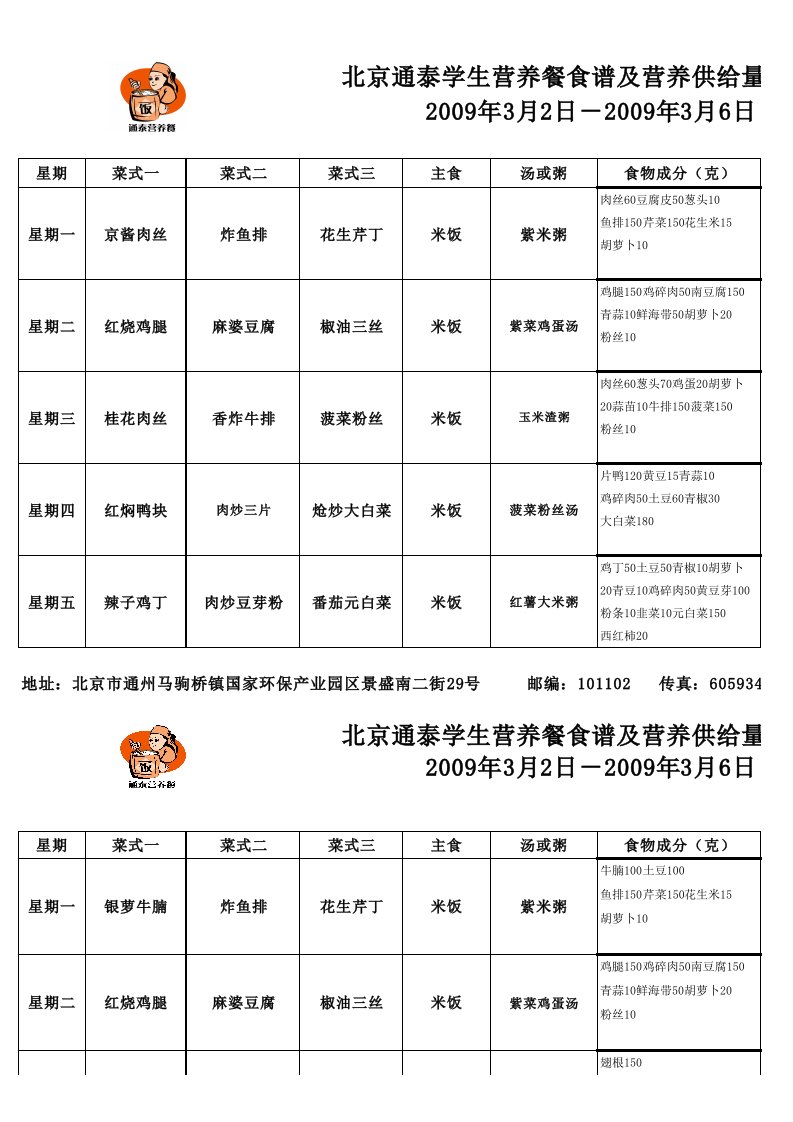 北京通泰学生营养餐食谱及营养供给量(中餐)(汉)