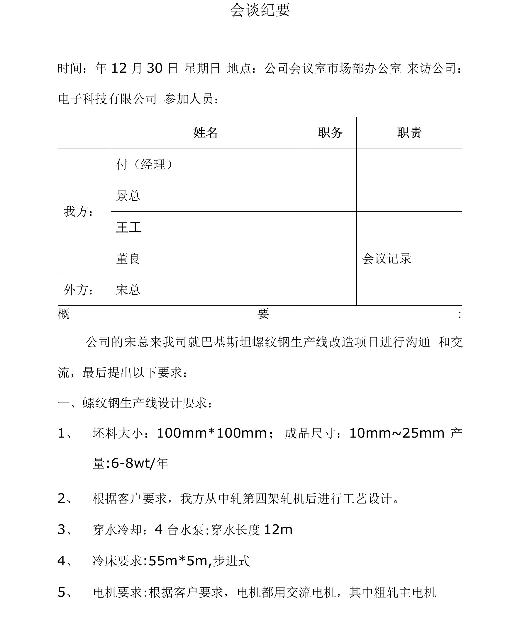 电子科技有限公司与重型机器有限公司会谈纪要（巴基斯坦螺纹钢生产线改造项目）