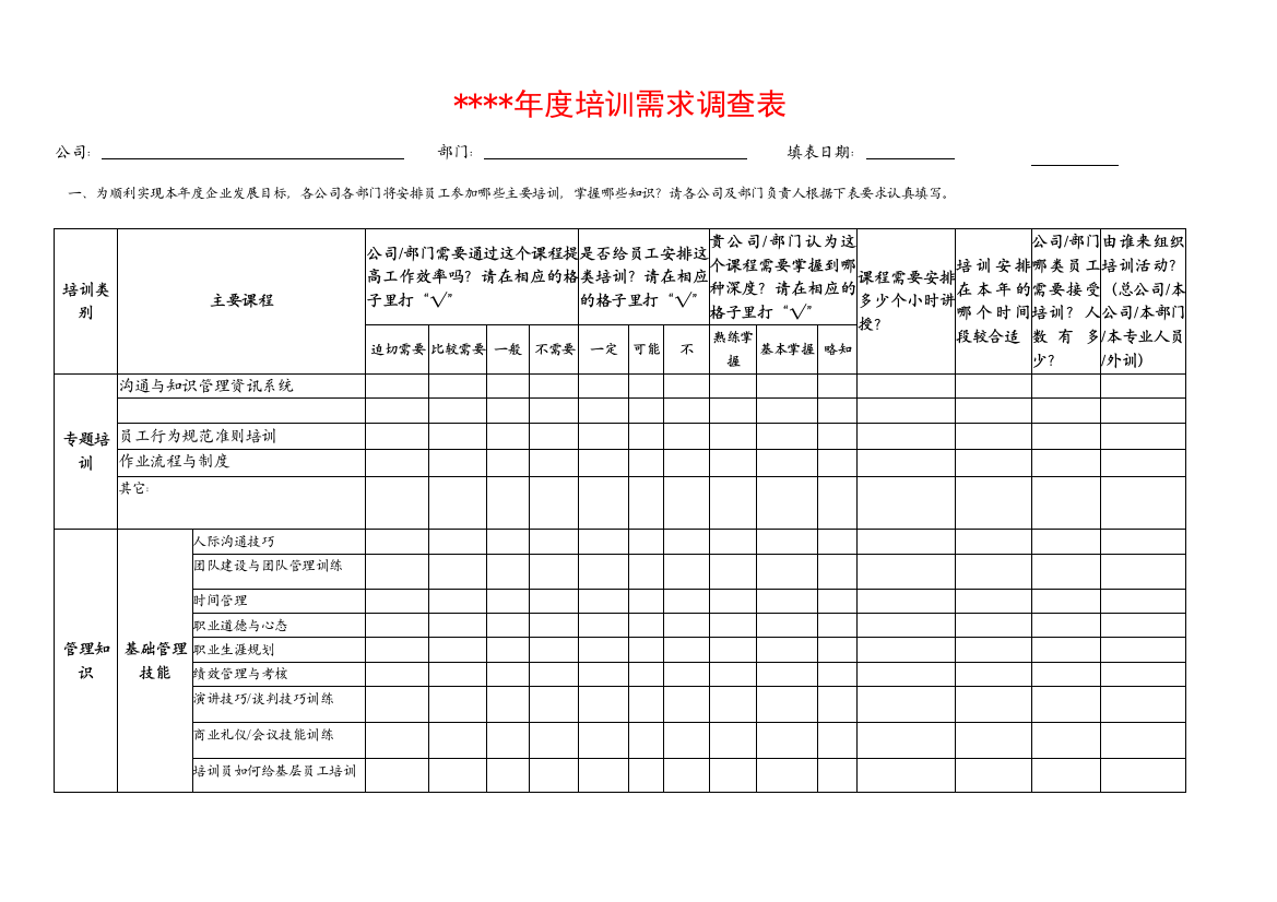 年度培训需求调查表