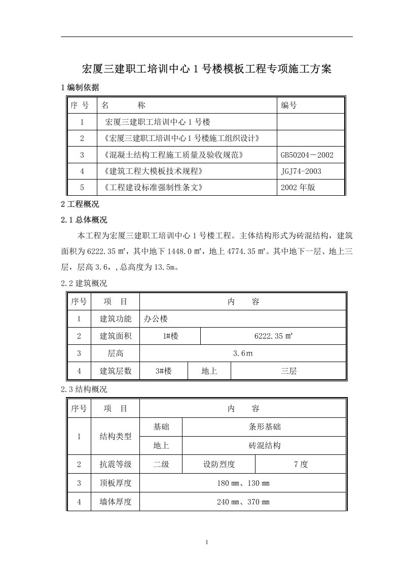 精选宏厦三建职工培训中心1号楼模板专项施工方案