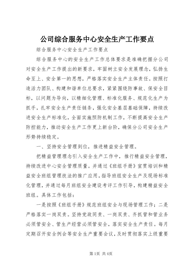 公司综合服务中心安全生产工作要点