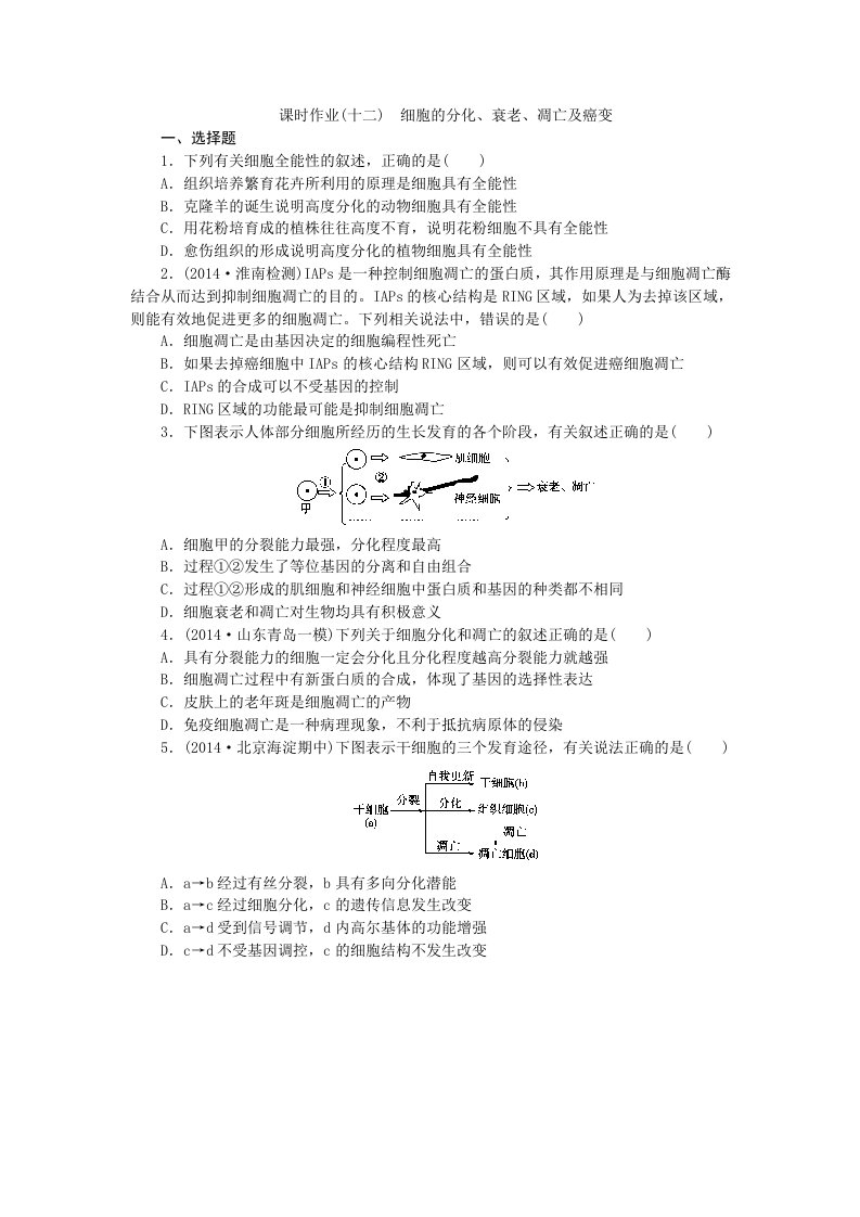 课时作业(十二)细胞的分化、衰老、凋亡及癌变