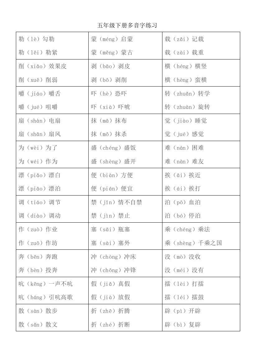 五年级下册多音字练习