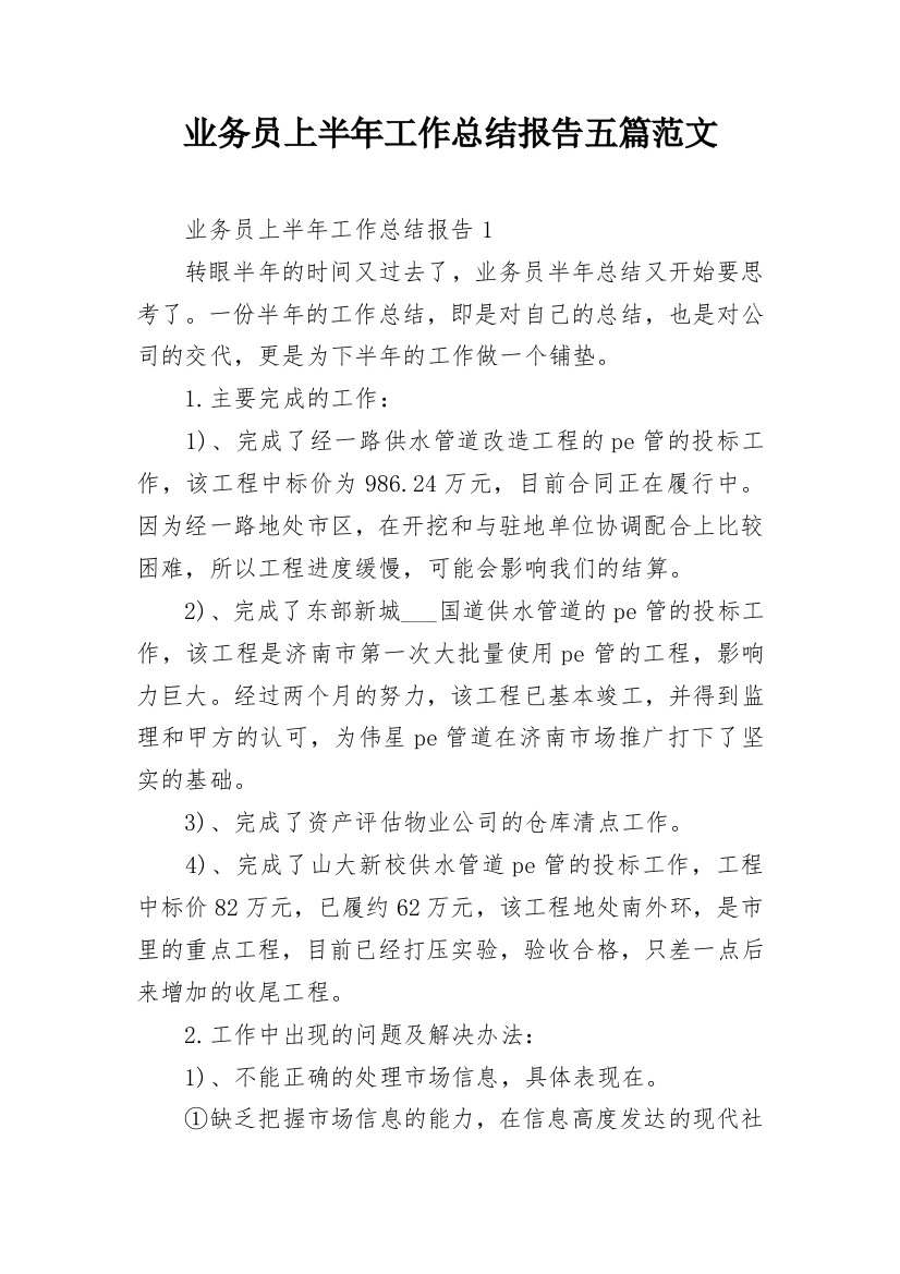 业务员上半年工作总结报告五篇范文